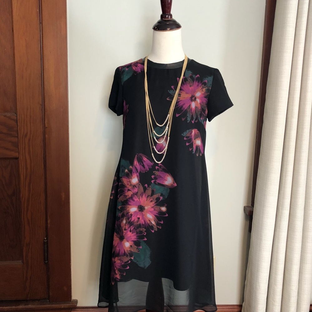 Black dress with flower patterns.